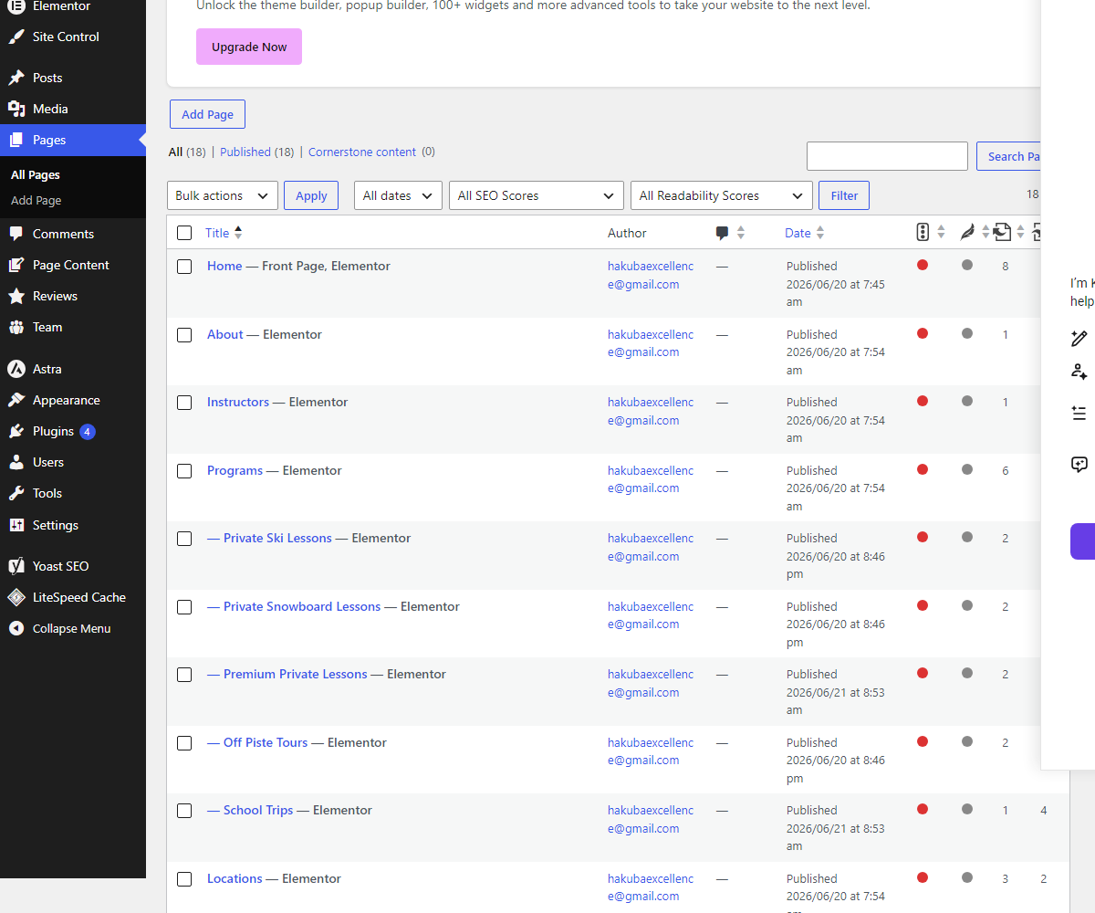 Yoast SEO scores on the Pages list