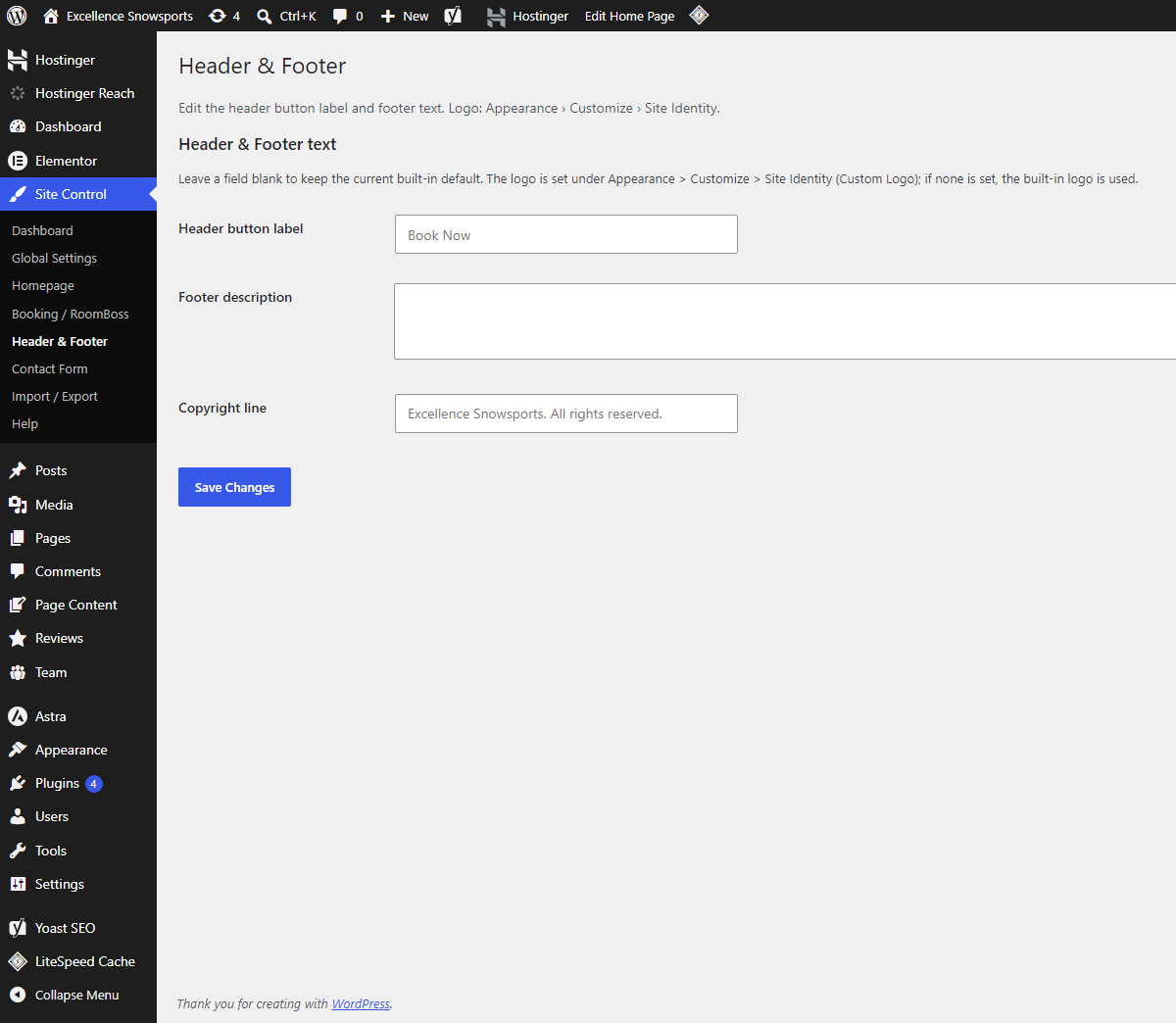 Header & Footer panel