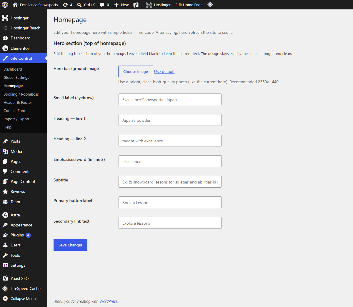 Homepage hero editor